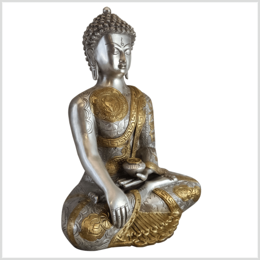 Erdender Buddha Messing Silber 32cm rechts