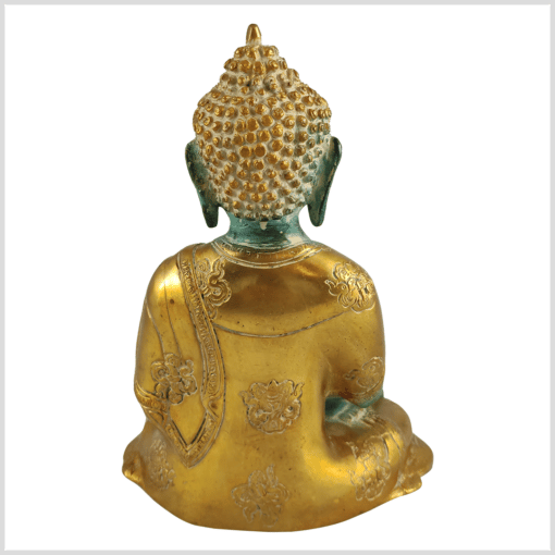 Erdender Buddha aus Messing gefertigt und smaragdgrün verziert 25cm Rückseite