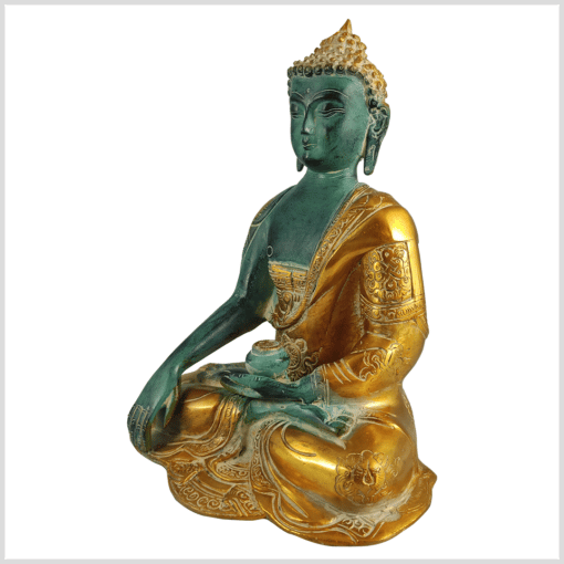Erdender Buddha aus Messing gefertigt und smaragdgrün verziert 25cm links