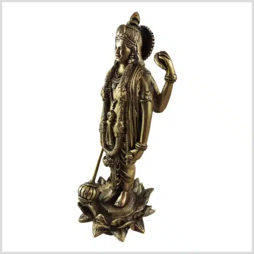 Vishnu Statue mit Chakra, Shanka und Keule in einer Lotusblüte - Messing 31cm 4kg linke Seite
