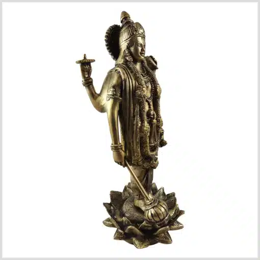 Vishnu Statue mit Chakra, Shanka und Keule in einer Lotusblüte - Messing 31cm 4kg rechte Seite