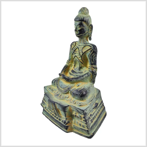 Fastender Buddha Statue aus Messing blaugrün antik verziert 19cm - linke Seite