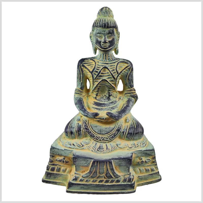 Fastender Buddha Statue aus Messing blaugrün antik verziert 19cm - Vorderseite