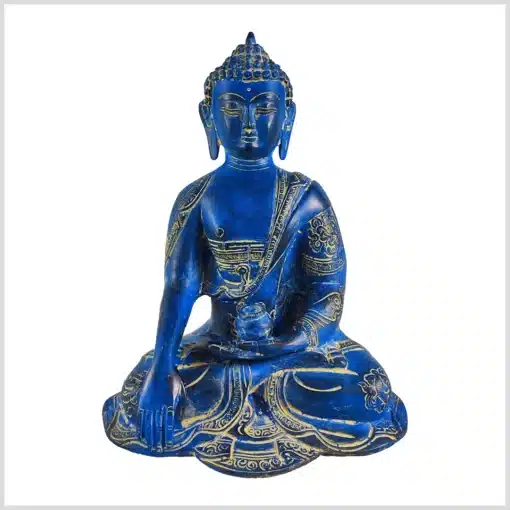 Erdender Buddha Statue aus Messing mit Ashtamangala Symbole auf dem Körper 25cm 3kg blauantik Vorderseite