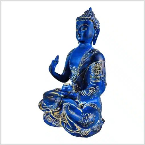 Lehrender Buddha Statue aus Messing mit Ashtamangala Symbole auf dem Körper 25cm 3kg blauantik links