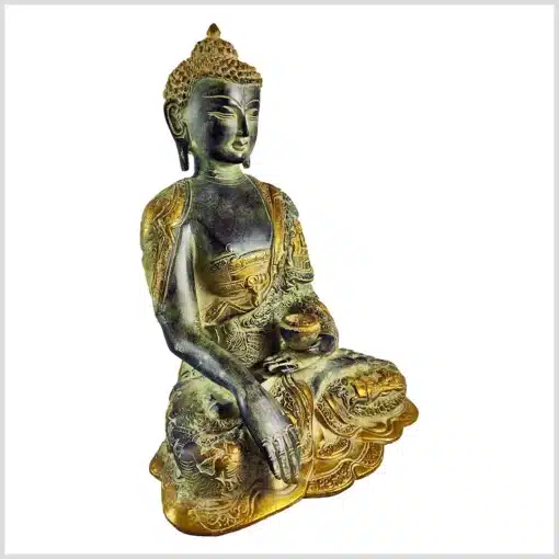 Erdender Buddha aus Messing gefertigt und schwarzblau verziert - Handarbeit aus Nepal - 29cm 6kg steingrüngold rechte Seite