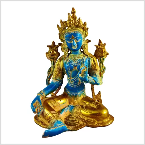 Grüne Tara Statue aus Messing 25cm 3kg hellblau gold vorne